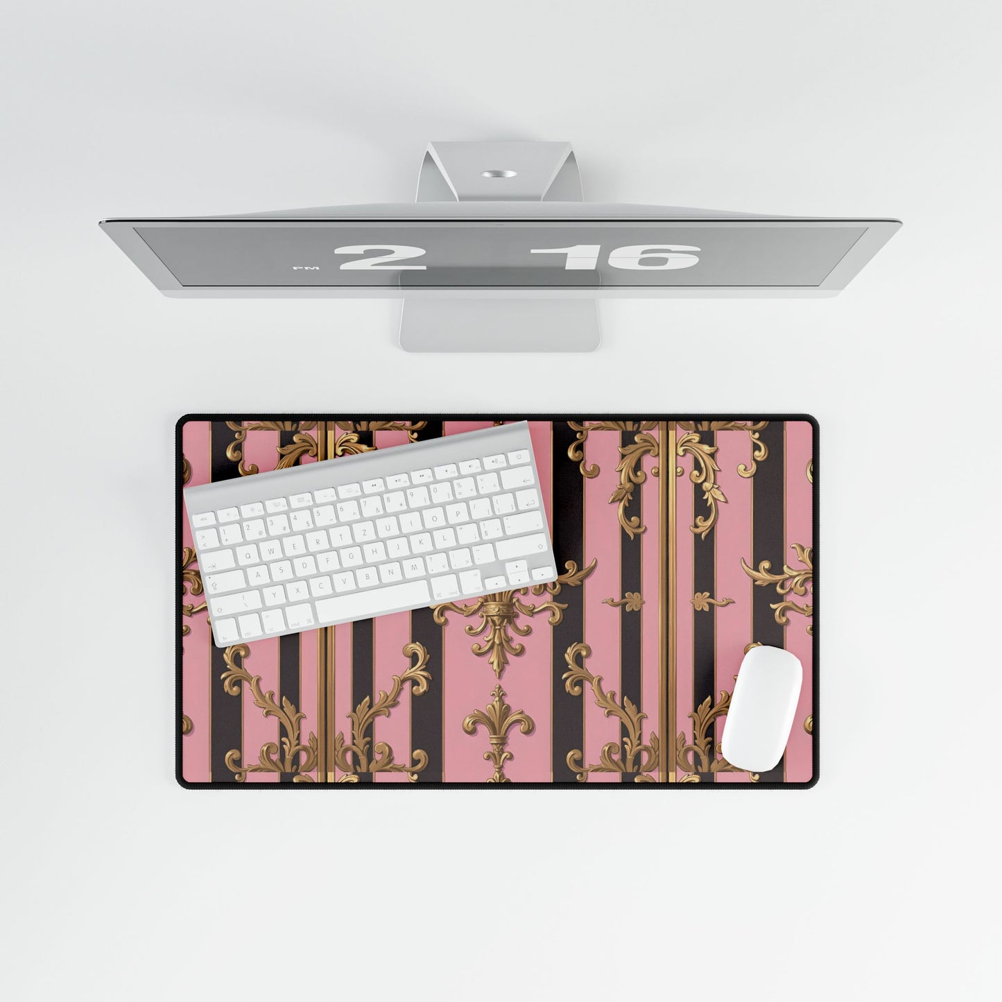 Elegant Floral Motif Desk Mat for Home Office Decor - Pink & Brown Striped Gold Damask