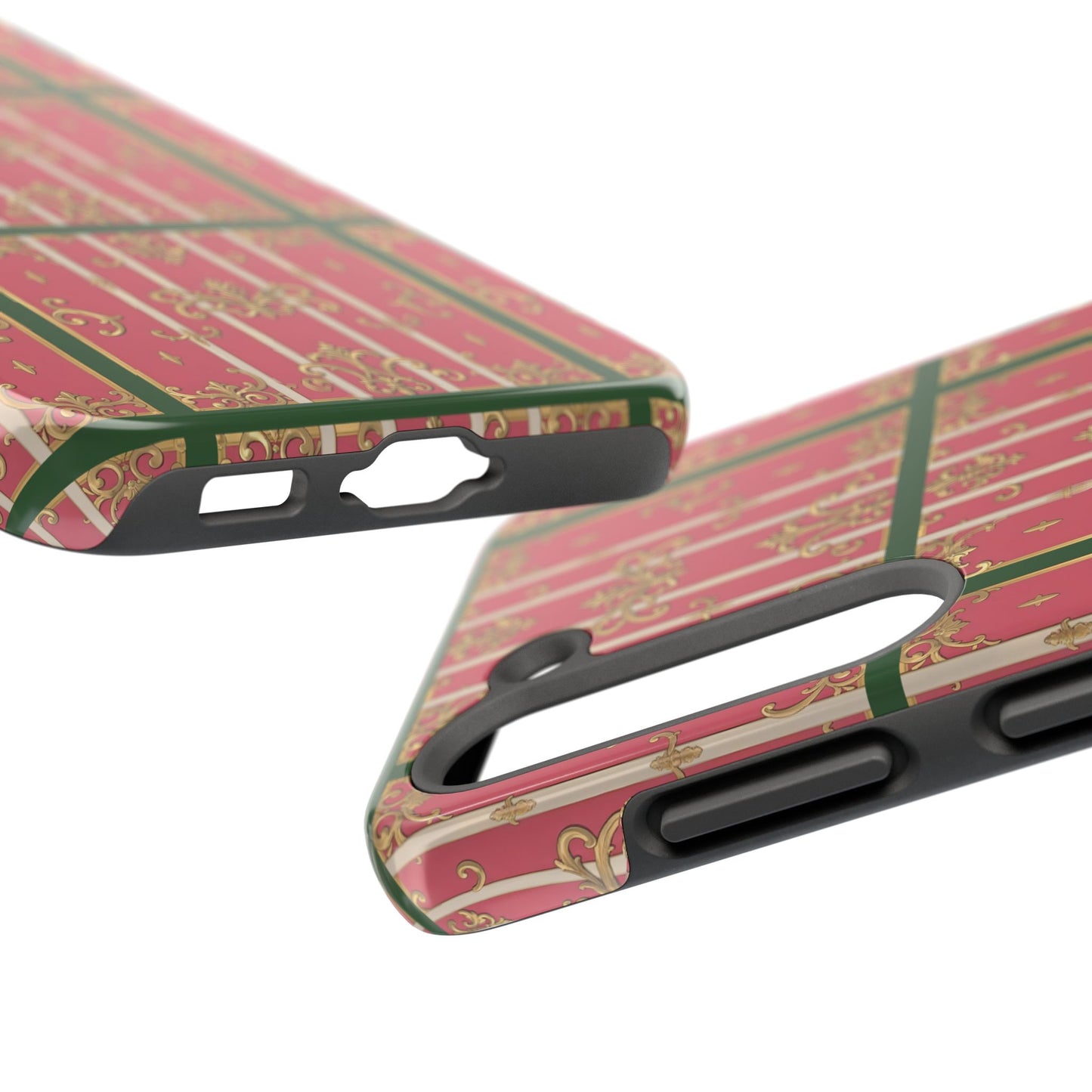 Elegant Green Border Pink Striped Baroque Phone Cases, Tough Phone Cases for Protection, Stylish Mobile Accessories, Gift for Her, Holiday Tech Gifts