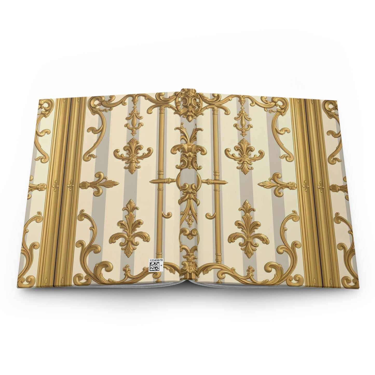 Elegant Vintage Hardcover Journal - Gold Baroque Design, Perfect for Writing, Journaling, Gifts - Matte Gray & Cream Striped Gold Baroque