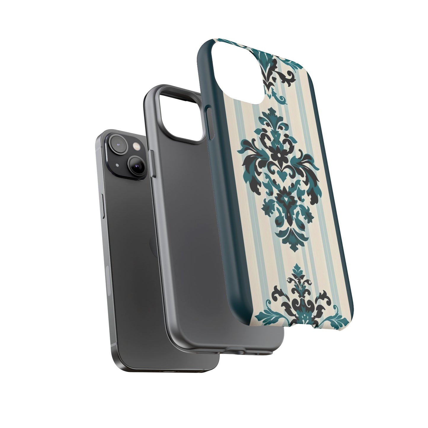 Elegant Floral Phone Case - Tough Cases with Vintage Design - Teal Striped Damask