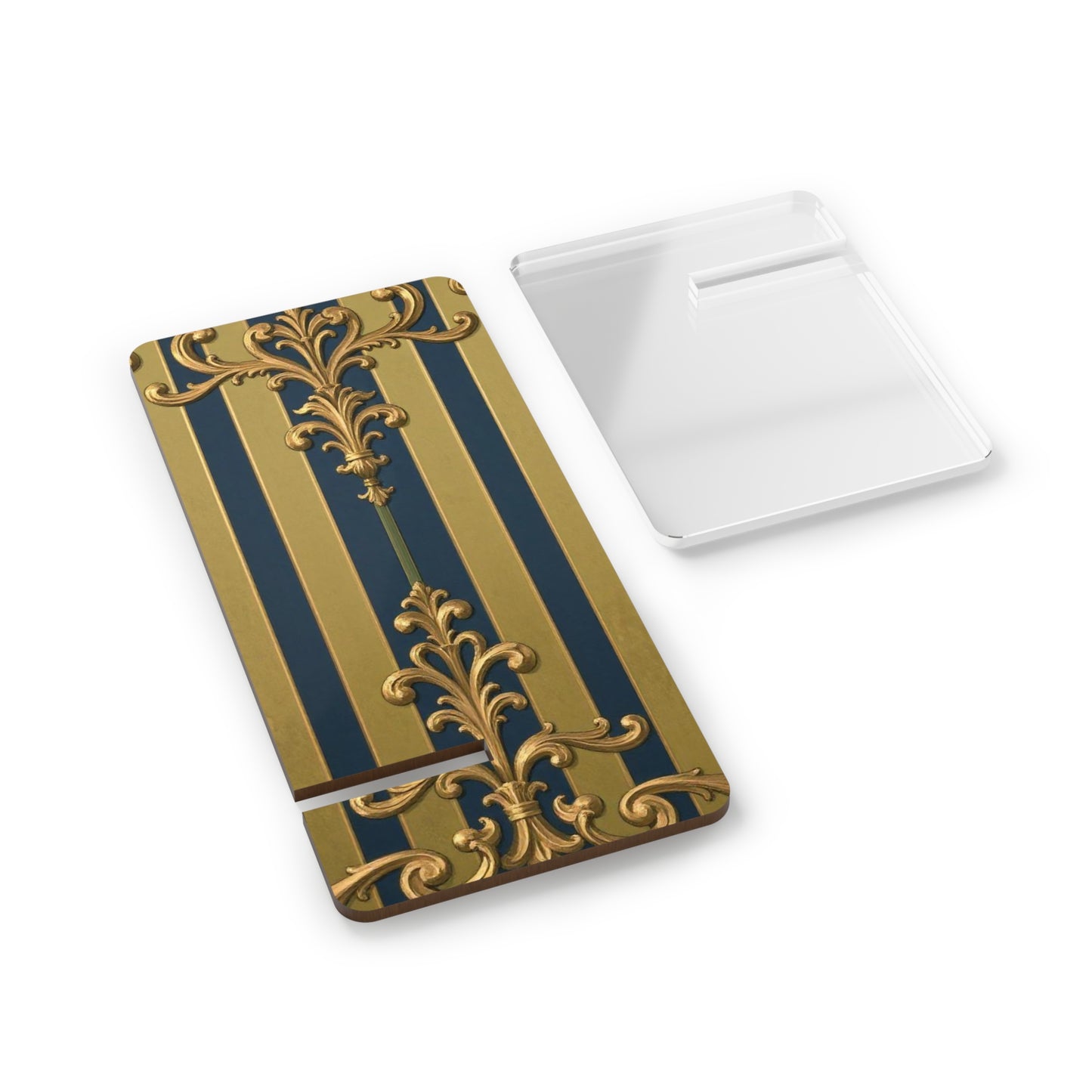 Elegant Midnight Blue & Olive Striped Gold Baroque Smartphone Display Stand with Vintage Design, Phone Holder, Desk Accessory, Gift Idea