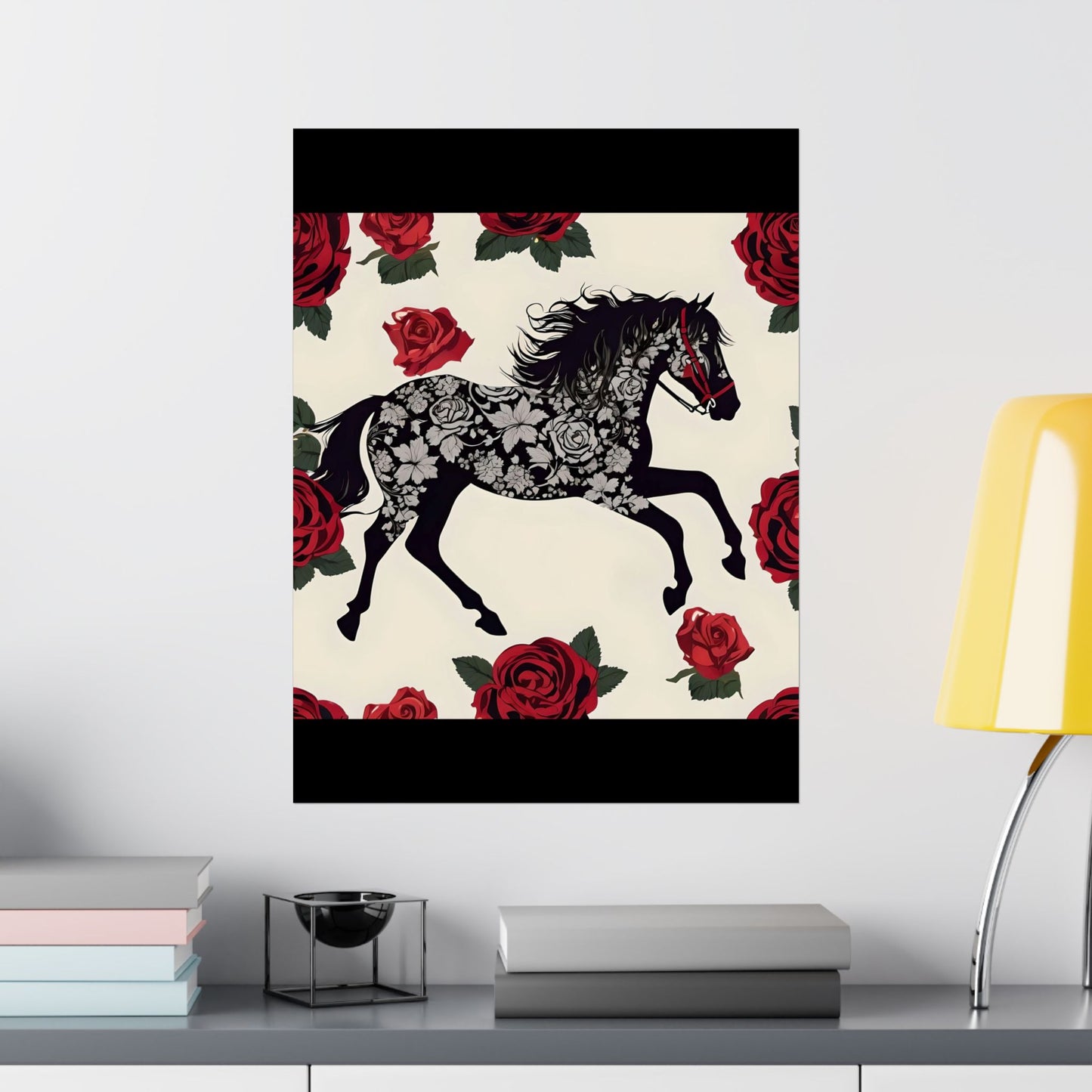 Floral Motif Art Poster - Elegant Matte Vertical Wall Decor - Horse & Roses