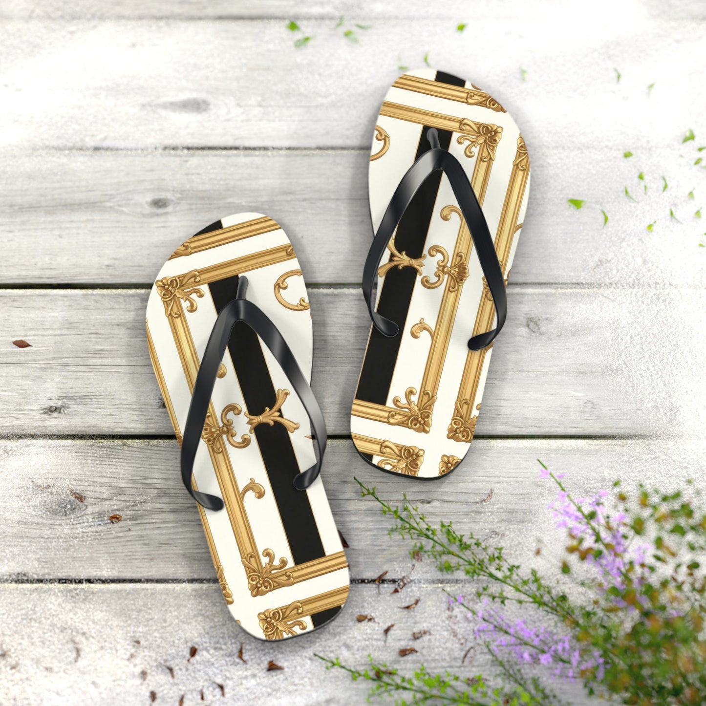 Chic Flip Flops with Elegant Design, Summer Sandals, Perfect Beach Footwear, Vacation Footwear - Black & White Striped Gold Baroque