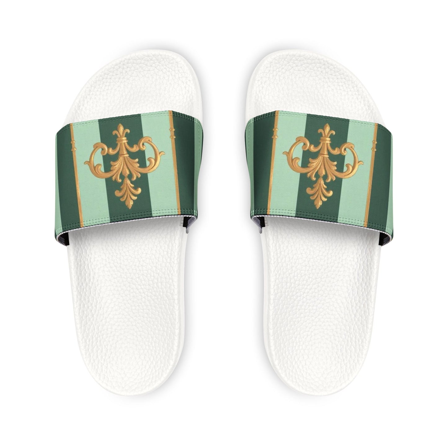 Chic Women's Sandals for Summer, Fashion Sandals, Stylish Beachwear, Casual Footwear, Vacation Slides - Mint Green & Teal Striped Gold Baroque
