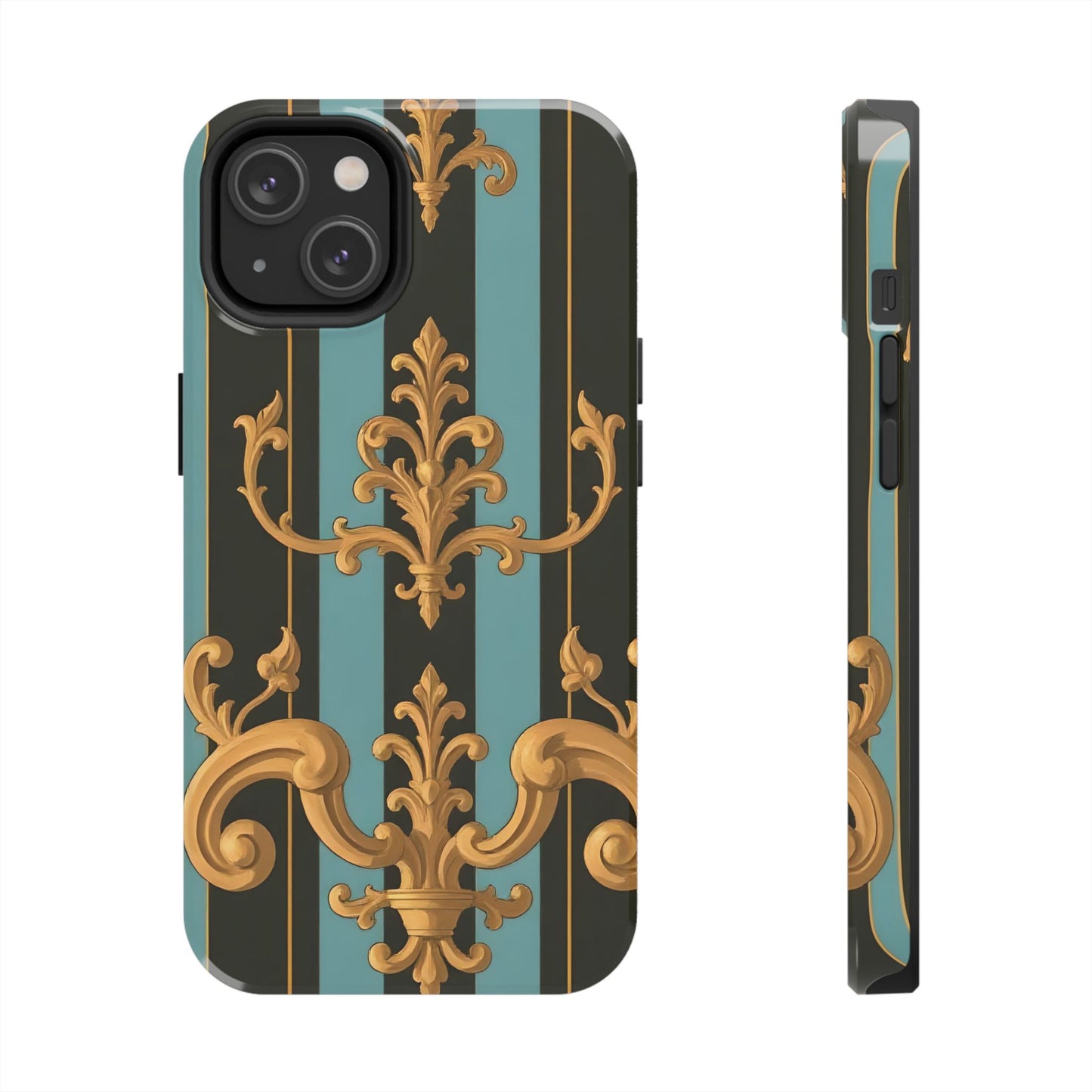 Elegant Baroque Tough Phone Case, Stylish Phone Cover, Durable iPhone Case, Unique Gift - Black & Turquoise Striped Baroque