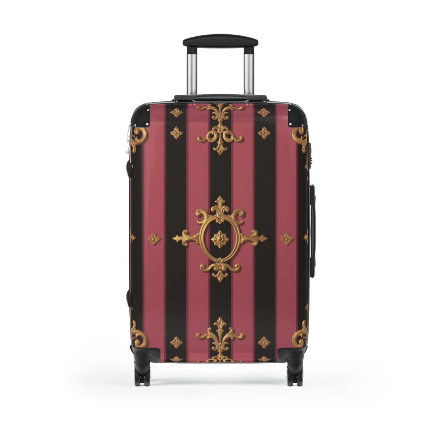 Elegant Black & Mauve Striped Gold Baroque Suitcase, Travel Luggage, Designer Carry-On, Stylish Baggage for Fashion Lovers