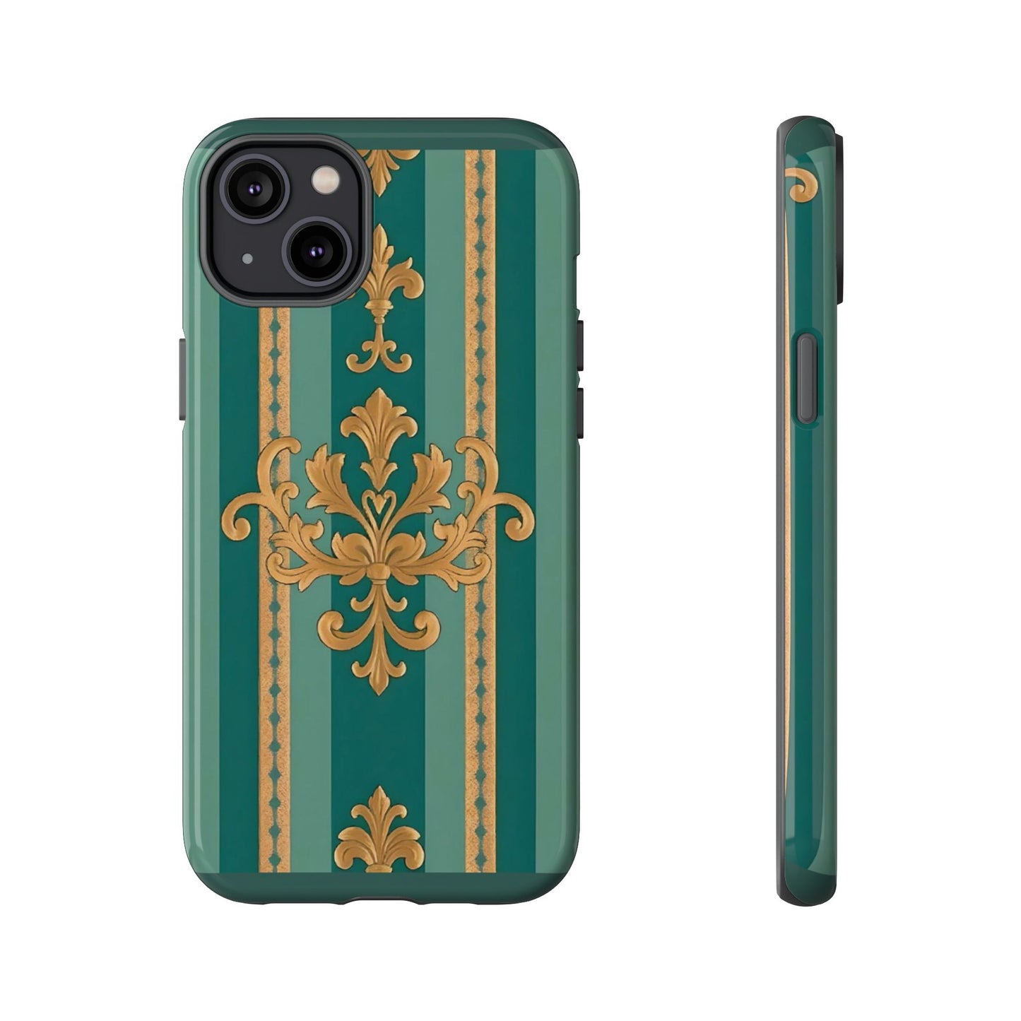Elegant Floral Motif Phone Case - Tough Cases with Vintage Design - Teal Striped Gold Damask