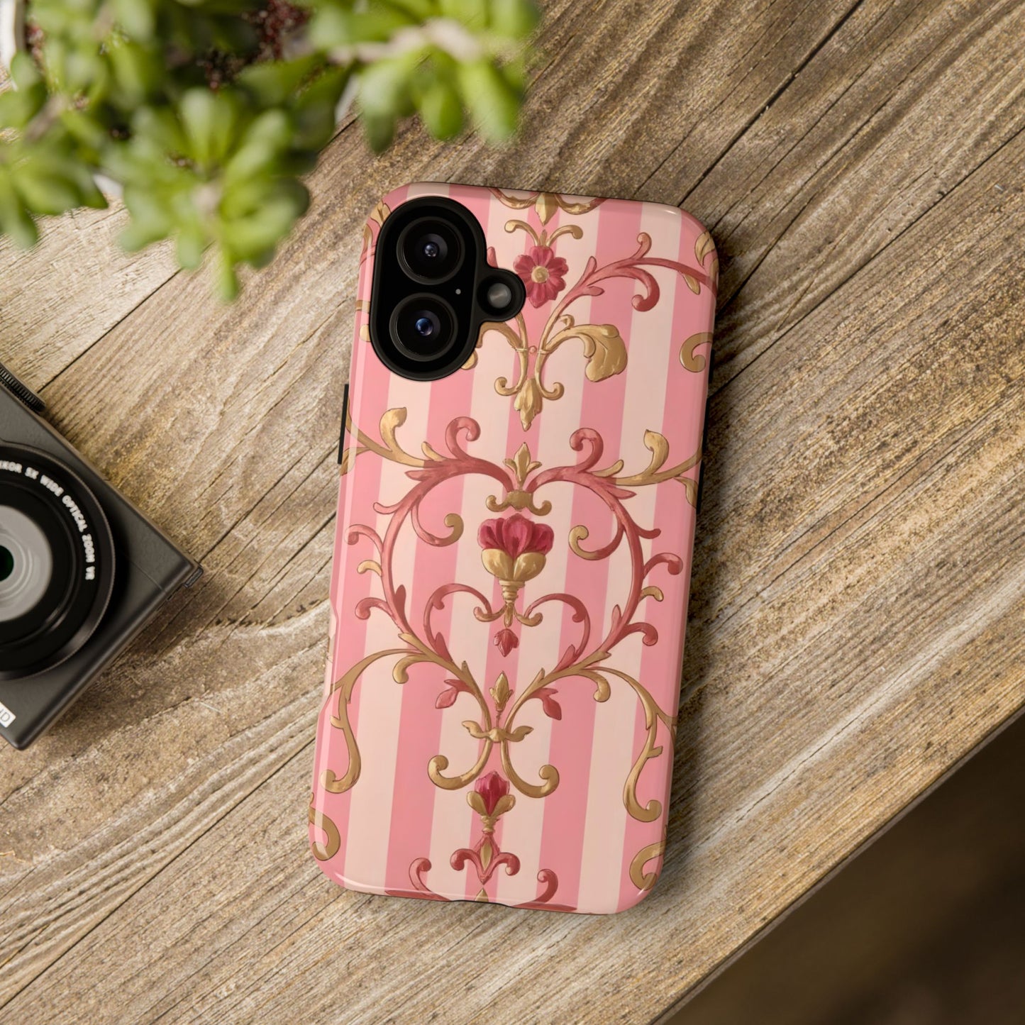 Elegant Floral Motif Phone Case - Tough Cases with Vintage Design - Pink Striped Rose Gold Damask