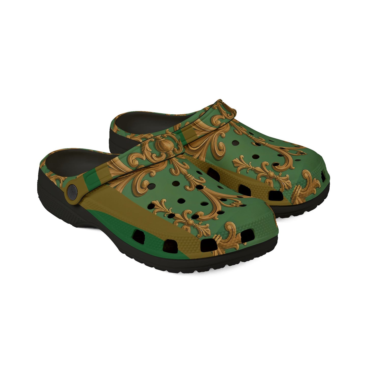 Elegant Green Patterned EVA Foam Clogs, Stylish Footwear, Comfortable House Shoes, Garden Mules - Olive Green Striped Rococo