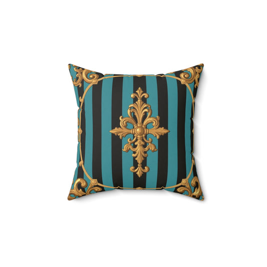 Elegant Turquoise & Black Striped Gold Baroque Decorative Pillow, Luxurious Home Decor, Vintage Style Cushion, Chic Throw Pillow, Living Room Accent