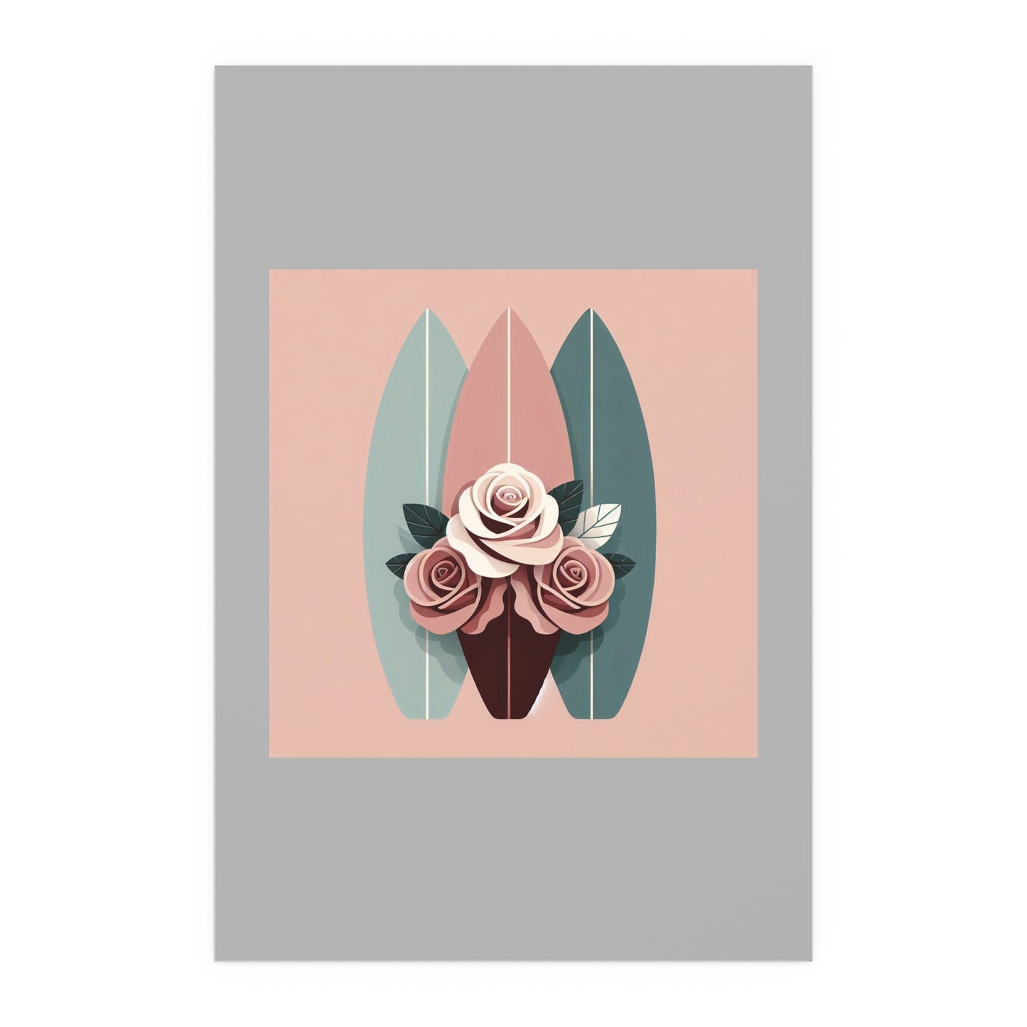Elegant Floral Silk Poster - Indoor/Outdoor Wall Art for Home Decor - Burgundy, Matte Mauve & Teal Surfboard & Roses
