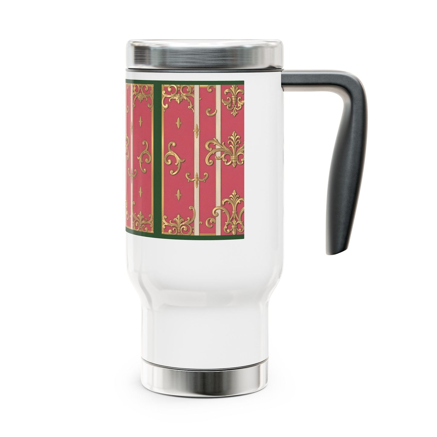 Elegant Green Border Pink Striped Baroque Travel Mug with Handle, 14oz Stainless Steel Coffee Cup, Glamorous Gift for Holidays