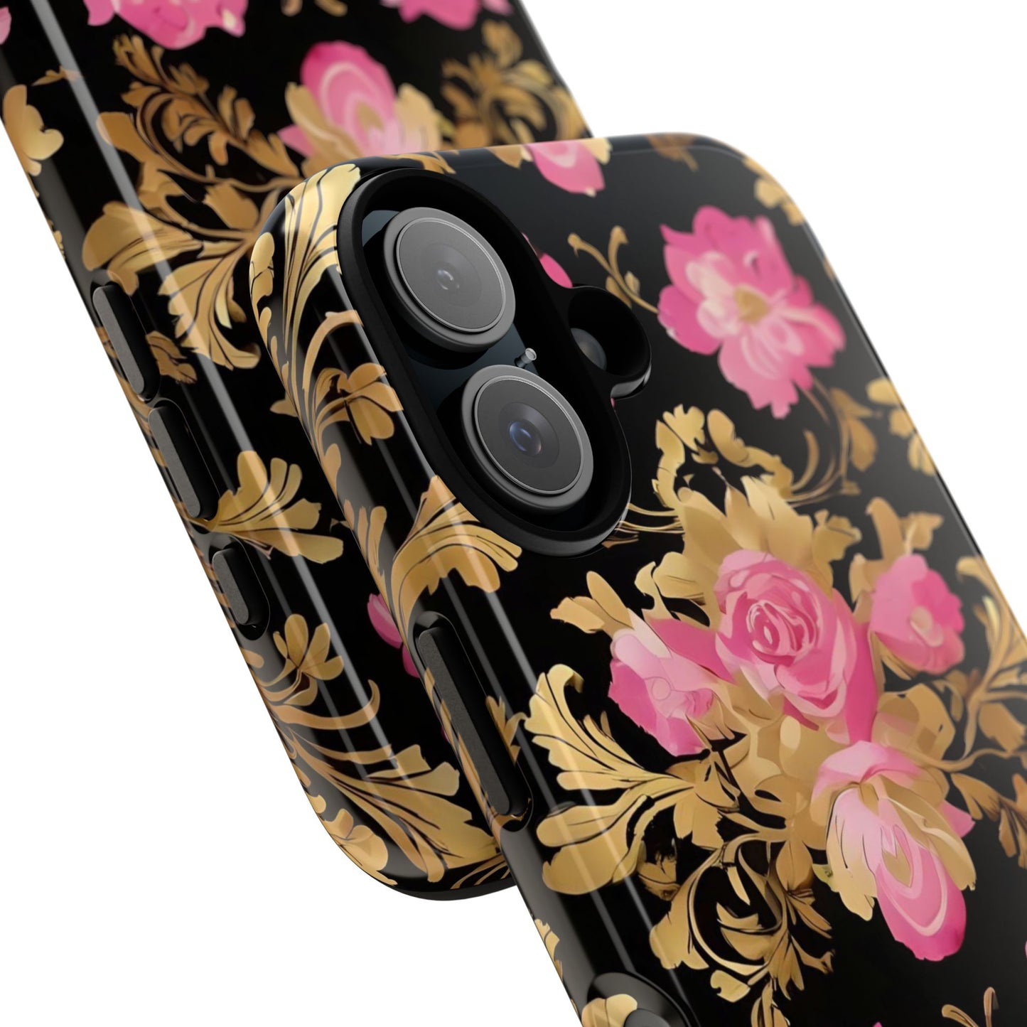 Elegant Floral Motif Phone Case - Tough Cases with Vintage Design - Pink & Gold Roses