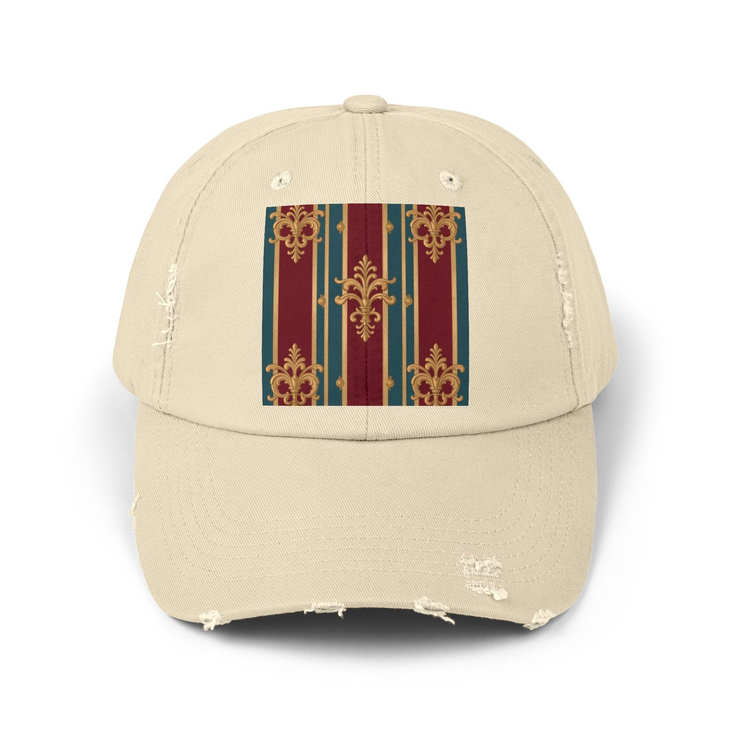 Stylish Unisex Distressed Cap with Vintage Striped Design, Casual Wear, Outdoor Activities, Gift for Him/Her - Burgundy Striped Gold Baroque