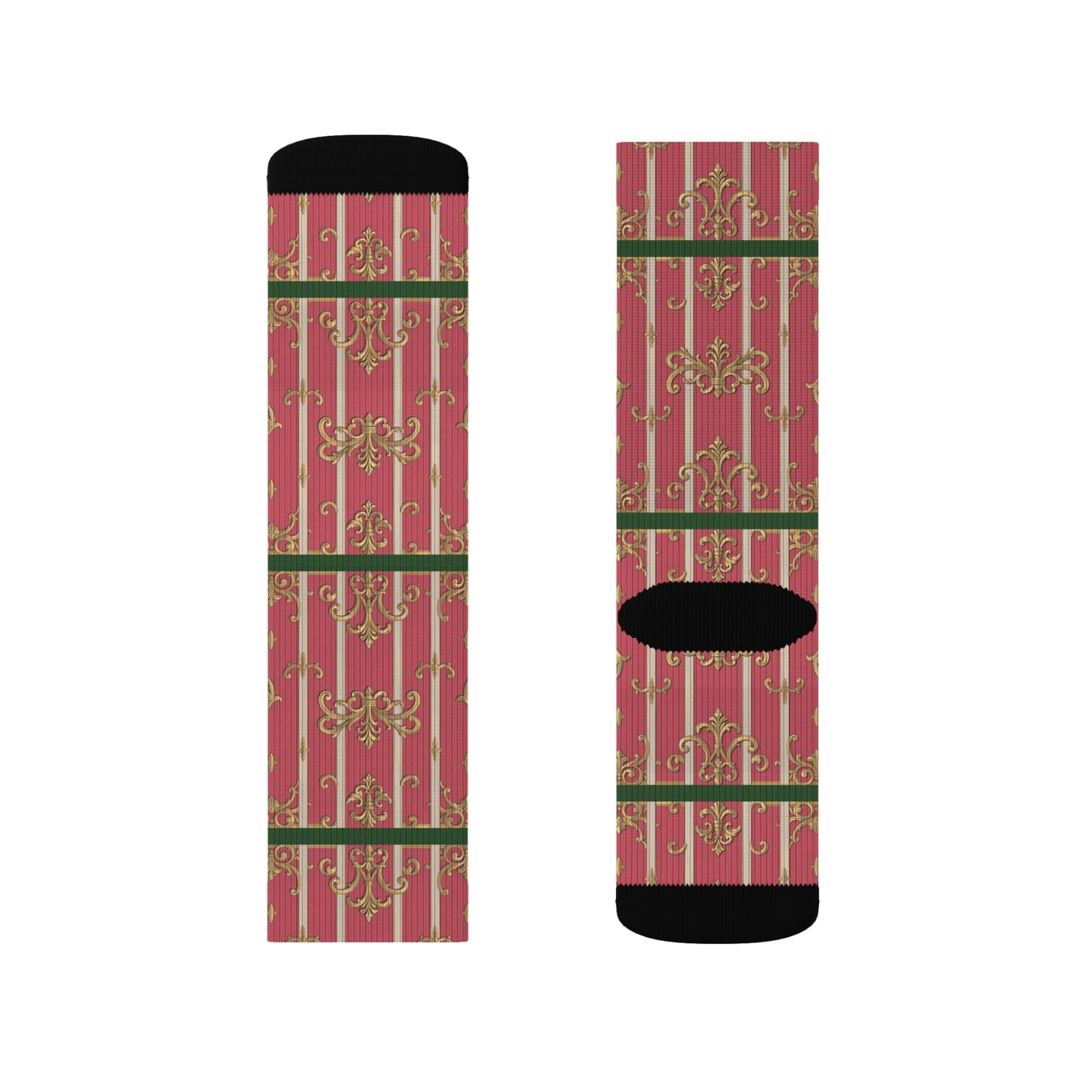 Green Border Pink Striped Baroque Socks, Holiday Gift Socks, Cozy Winter Socks, Christmas Socks, Unique Sublimated Socks
