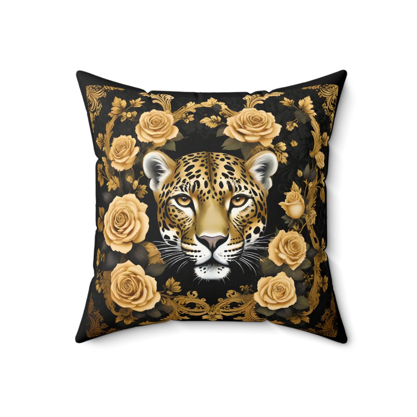 Luxury Leopard Print Faux Suede Square Pillow with Gold Roses | Elegant Home Decor - Gold Leopard