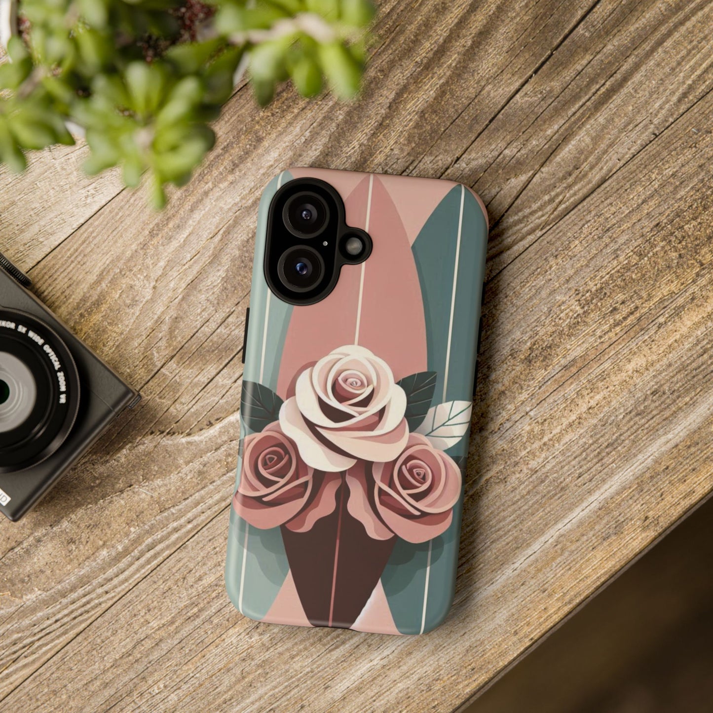 Phone Case - Burgundy, Matte Mauve & Teal Surfboard & Roses Design