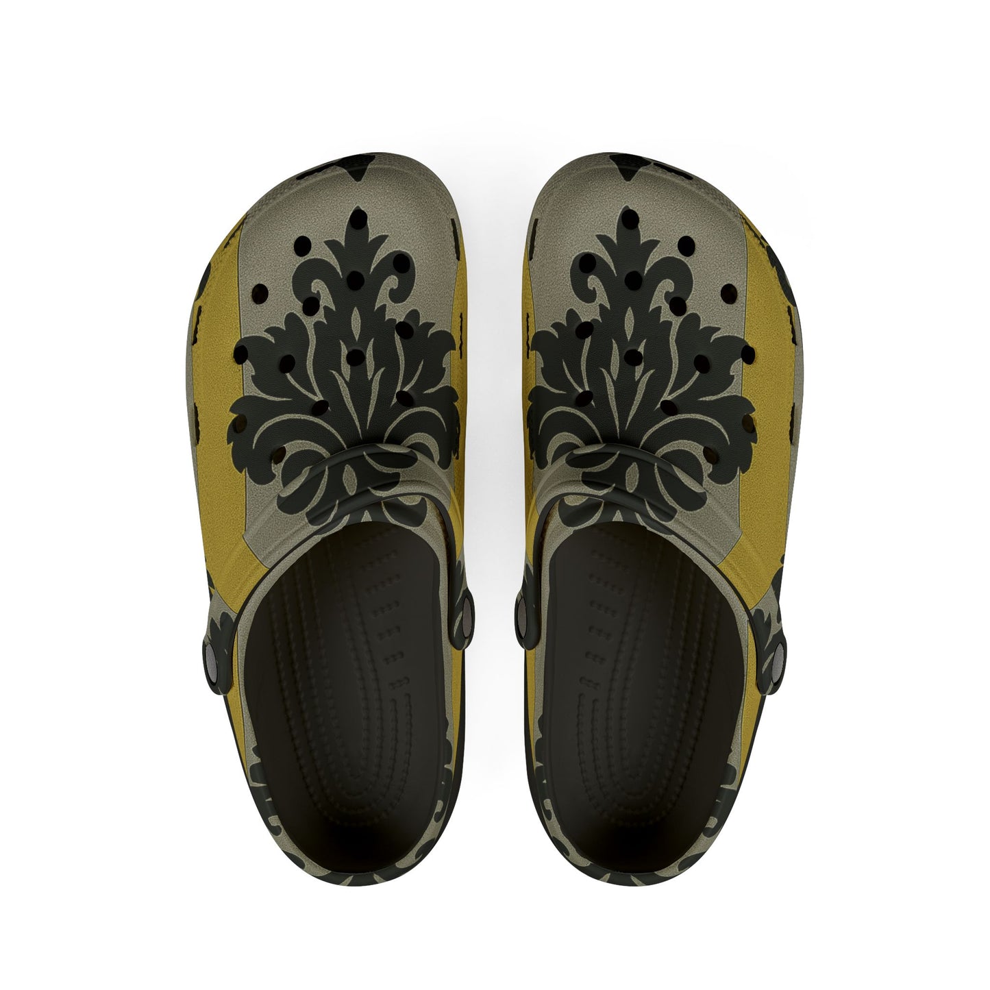Chic EVA Foam Clogs in Vintage Baroque Design, Comfortable Garden Shoes, Lightweight Slip-On Footwear - Silver & Gold Striped Black Baroque