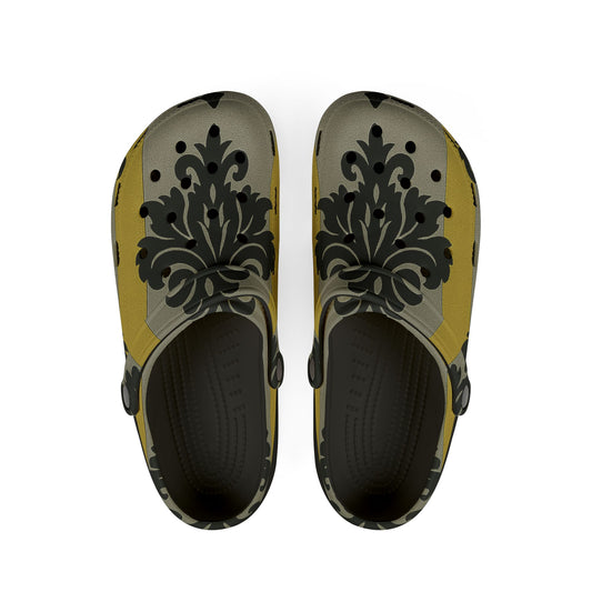 Chic EVA Foam Clogs in Vintage Baroque Design, Comfortable Garden Shoes, Lightweight Slip-On Footwear - Silver & Gold Striped Black Baroque