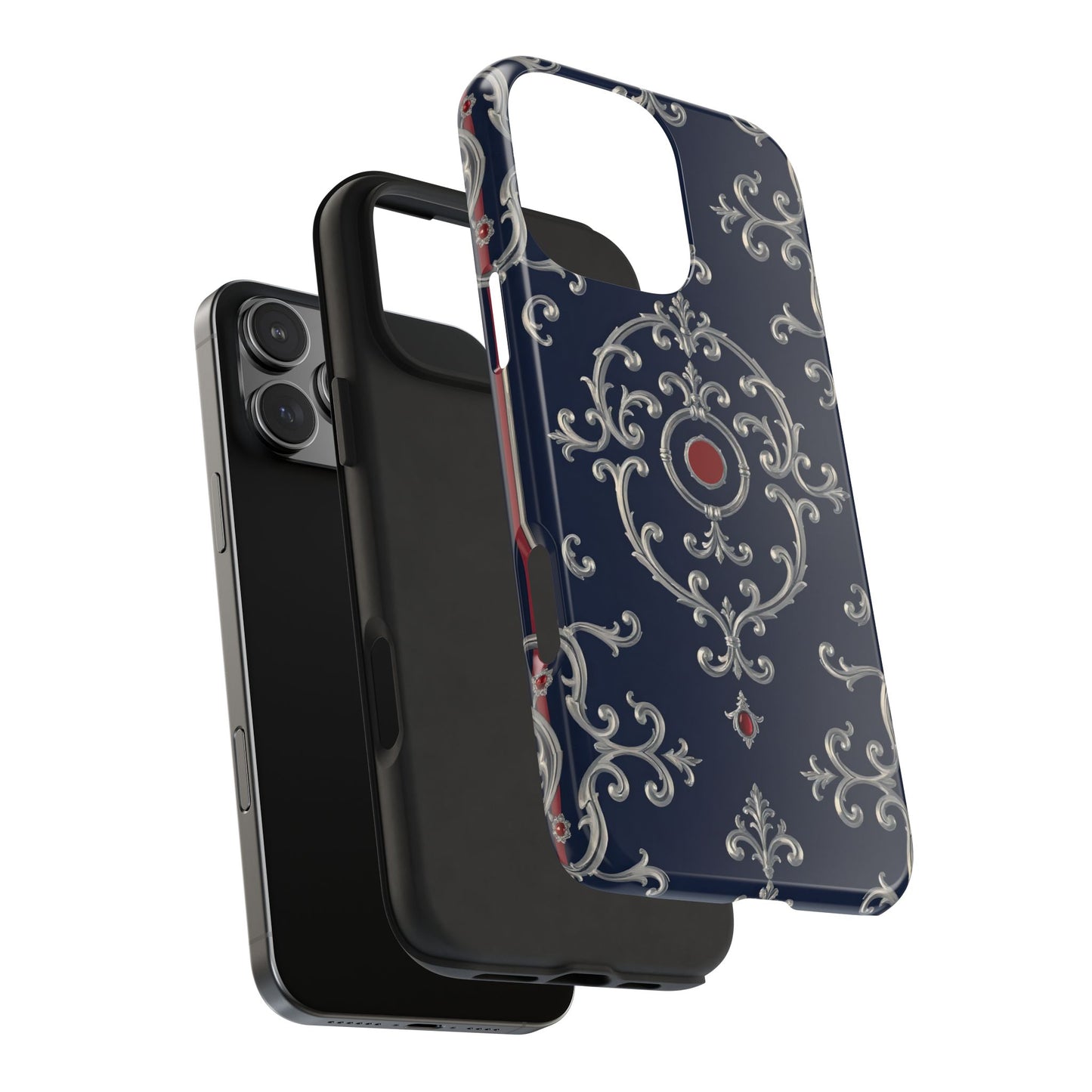 Elegant Patterned Tough Phone Cases for Stylish Protection, Gift for Her, Unique Accessories - Blue & Red Striped Silver Baroque