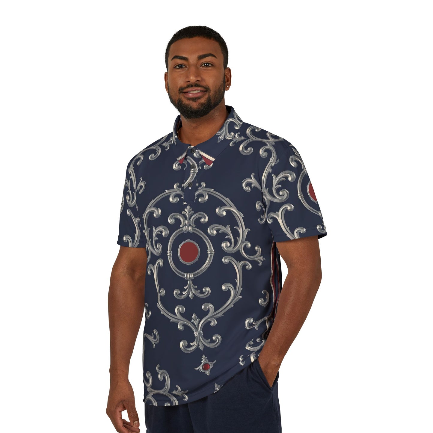 Elegant Unisex Polo Shirt – Stylish Casual Wear, Summer Fashion, Gifts for Him, Unique Gifts - Blue & Red Striped Silver Baroque