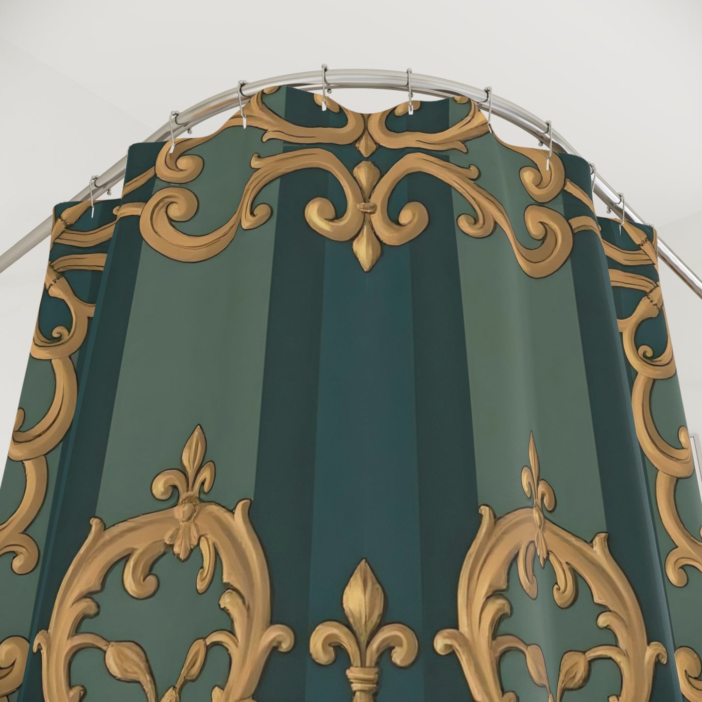 Elegant Smoky Blue & Teal Striped Baroque Shower Curtain | Luxurious Bathroom Decor