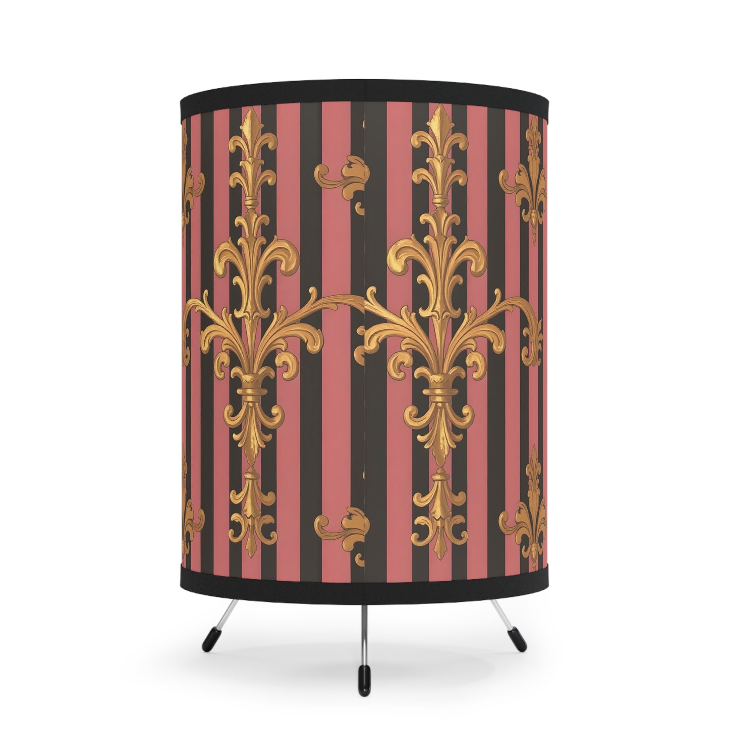 Elegant Tripod Lamp with Vintage Floral Print Shade - High-Res Home Accent - Mauve Striped Gold Damask
