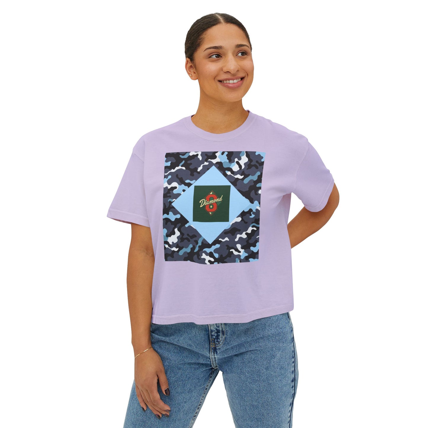 Camouflage Women's Boxy Tee, Casual Outfit, Relaxed Style Tee, Everyday Wear, Gift for Her, Comfortable Top - Blue Camo Diamond 8