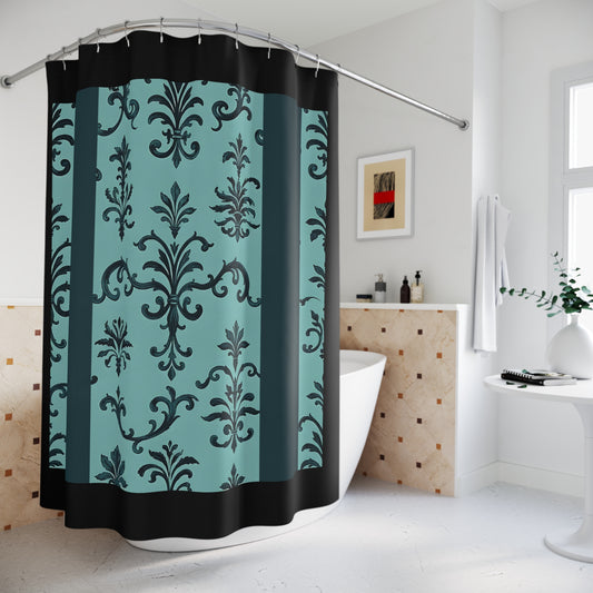 Elegant Damask Shower Curtain | Luxurious Bathroom Decor, Vintage-Style Curtain, Home Essentials, Gift for Her - Teal Striped Rococo