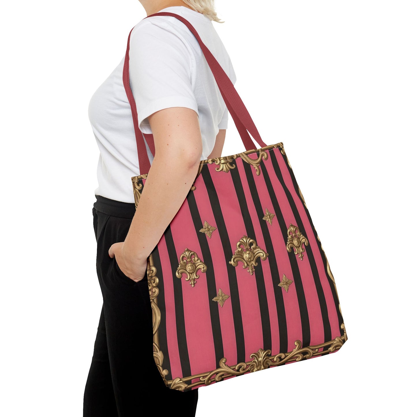 Chic Floral Tote Bag - Elegant Reusable Shopping Bag, Fashion Accessory, Gift for Her, Everyday Use, Eco-Friendly - Pink Striped Gold Rococo