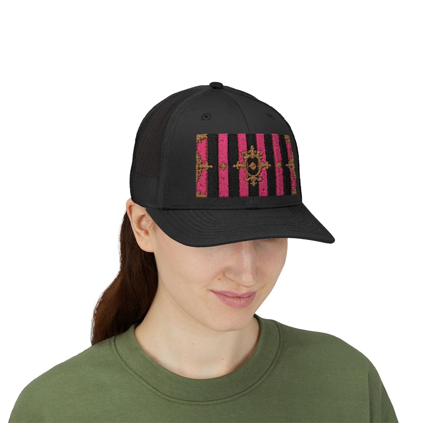 Stylish Snapback Trucker Cap with Black & Mauve Striped Gold Baroque, Trendy Fashion Hat, Perfect Gift for Him/Her