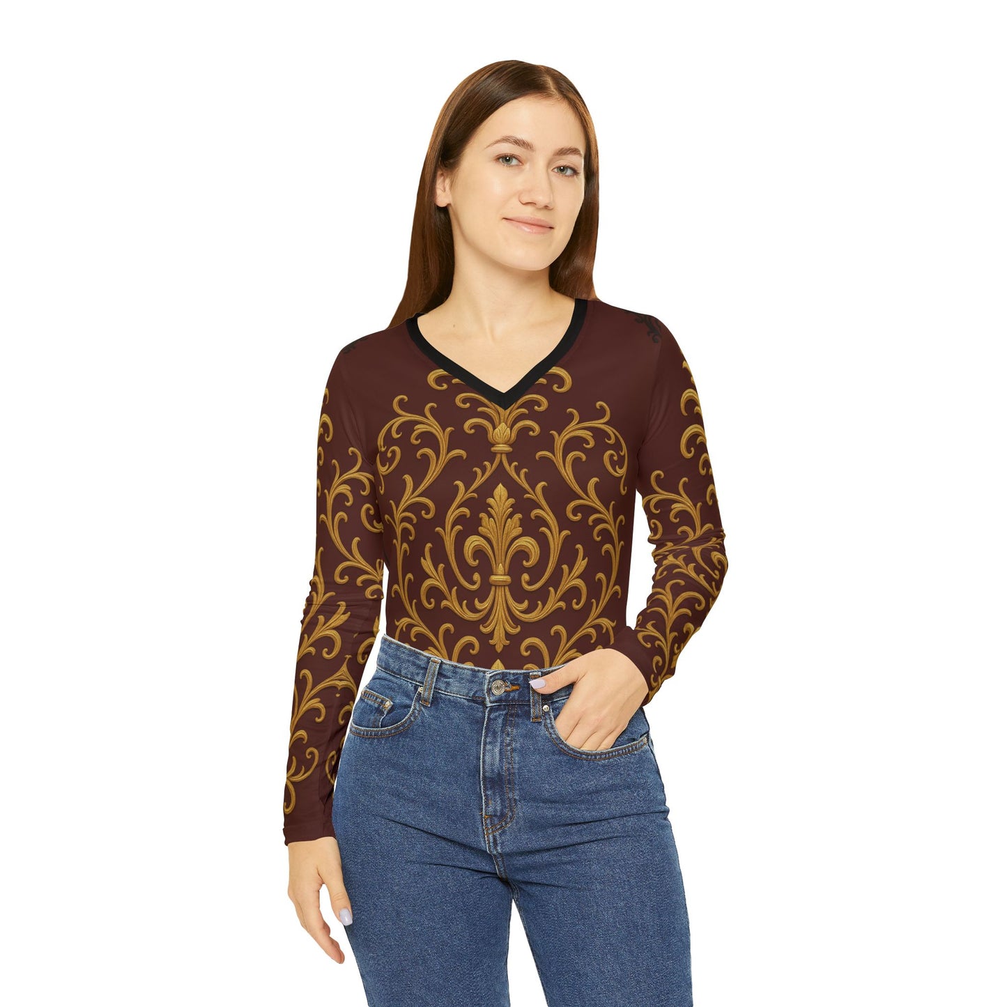 Dusk Burgundy-Black & Gold Baroque Women's V-Neck Long Sleeve Top — Vintage Gold Baroque Burgundy All-Over Print