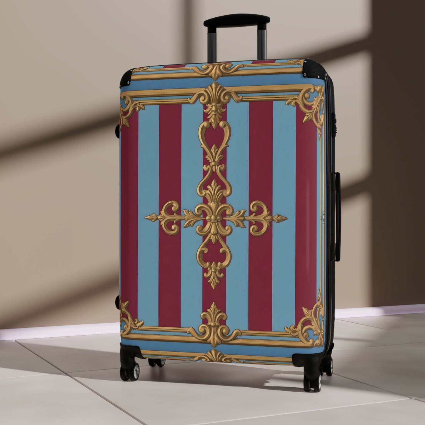 Elegant Vintage-Inspired Suitcase, Travel Luggage, Stylish Holiday Gift, Unique Baggage for Adventurers - Sky Blue & Maroon Striped Baroque