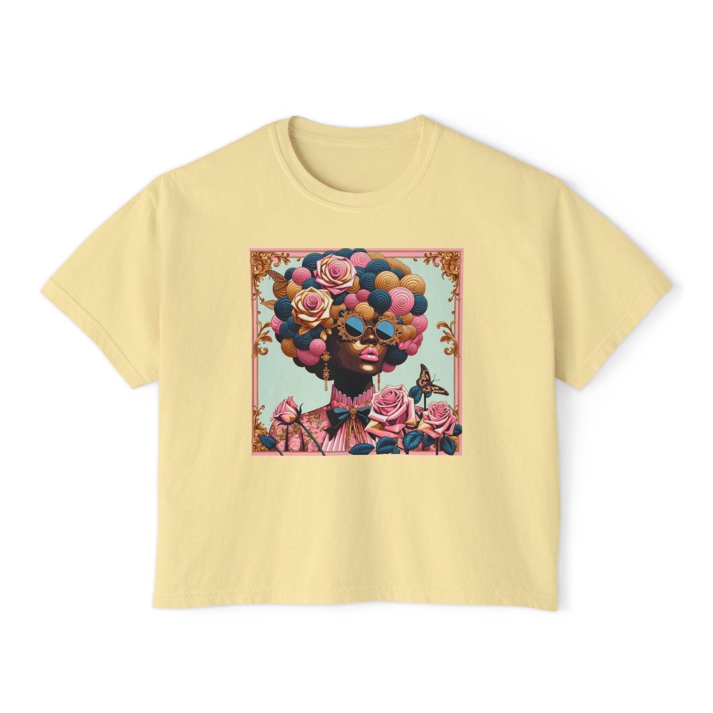 Colorful Afro Woman Boxy Tee, Feminine Graphic T-Shirt, Trendy Casual Wear, Gift for Her, Summer Outfit - Lady In Pink Baroque