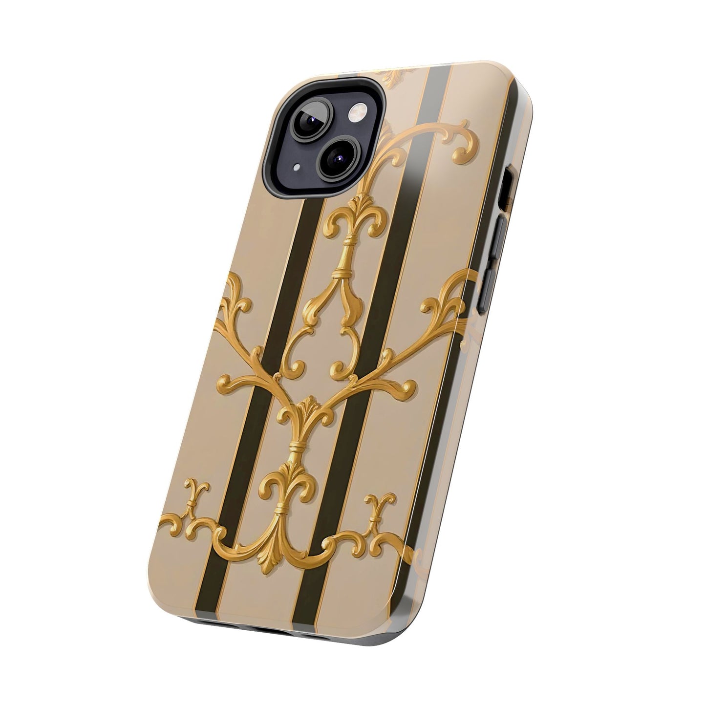 Elegant Vintage Tough Phone Case, Stylish Phone Cover, Boho Accessories, Perfect Gift for Her - Beige Striped Gold Rococo
