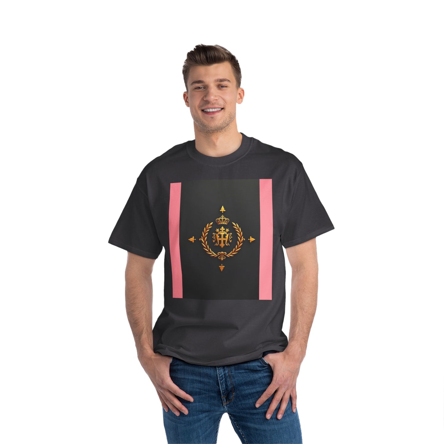 Short-Sleeve Graphic T-Shirt, Stylish Casual Wear, Trendy Gift for Friends, Summer Fashion, Statement Tee, Everyday Comfort - Pink Striped Gold Crest