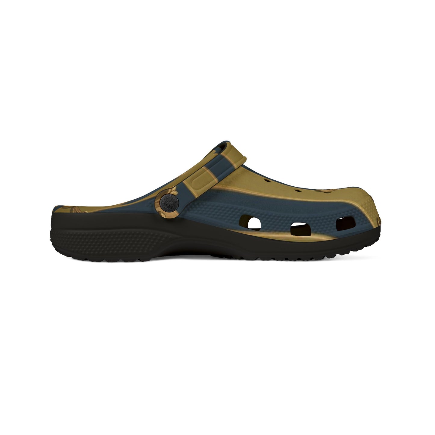 Stylish Midnight Blue & Olive Striped Gold Baroque EVA Foam Clogs - Trendy Slip-On Shoes for Comfort and Fashion, Casual Footwear, Unique Gift