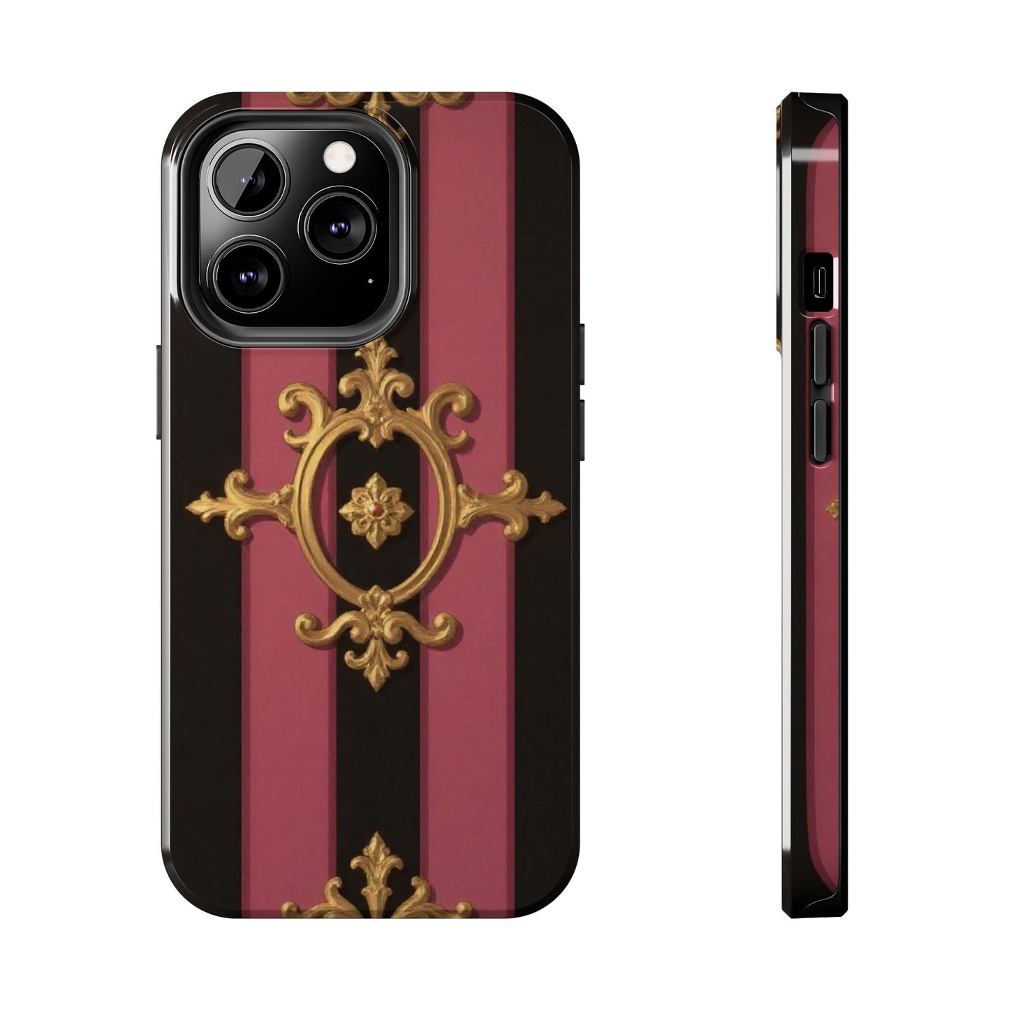 Elegant Black & Mauve Striped Gold Baroque Tough Phone Cases, Luxe Phone Covers, Fashionable Mobile Cases, Gift for Her, Holiday Phone Accessories