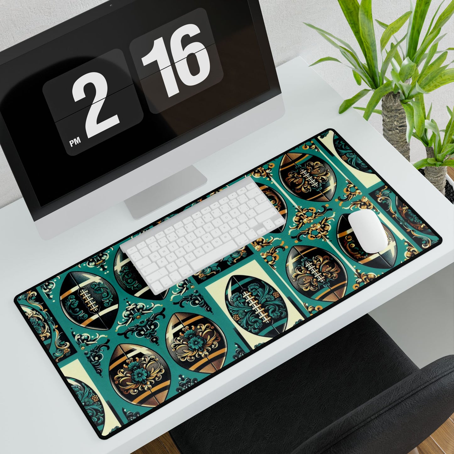 Desk Mat - Elegant Floral Motif for Home Office Decor - Teal, Gold & Black Damask Footballs