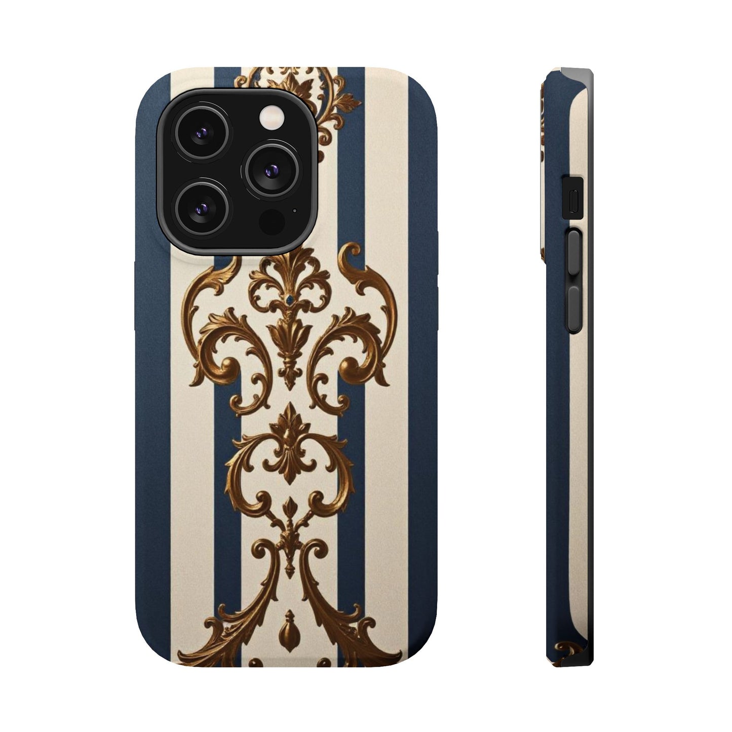 Elegant Striped Magnetic Tough Case - Classic Blue and Gold Damask Design