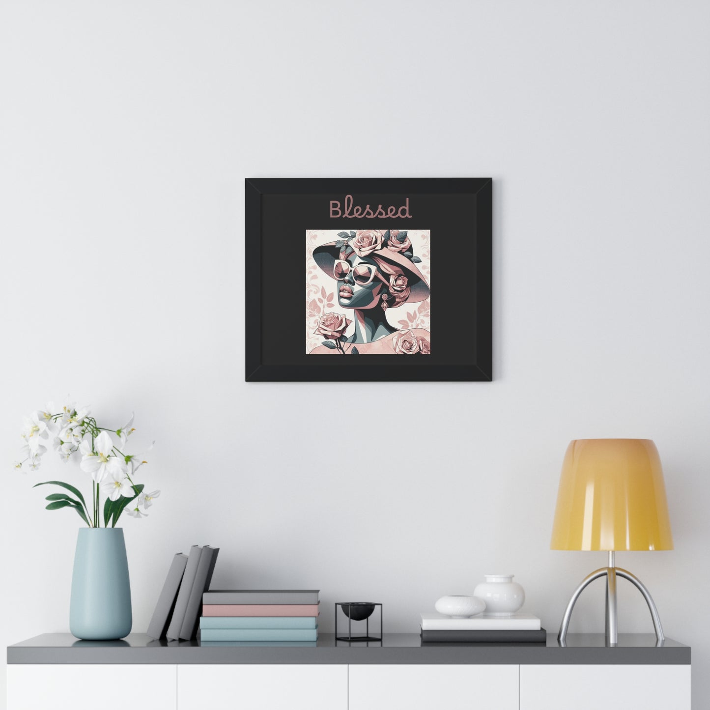 Framed Art Print: Blessed Floral Wall Decor, Inspirational Home Gift, Boho Art for Living Room, Stylish Gift for Friends, Modern Wall Art