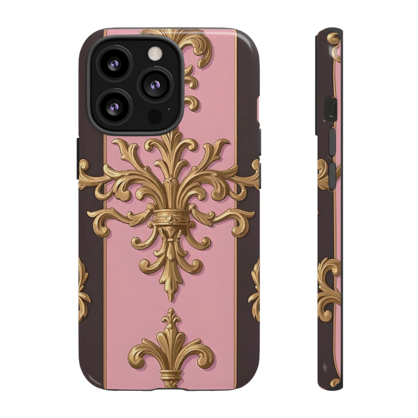 Elegant Floral Motif Phone Case - Tough Cases with Vintage Design - Pink & Brown Striped Gold Damask