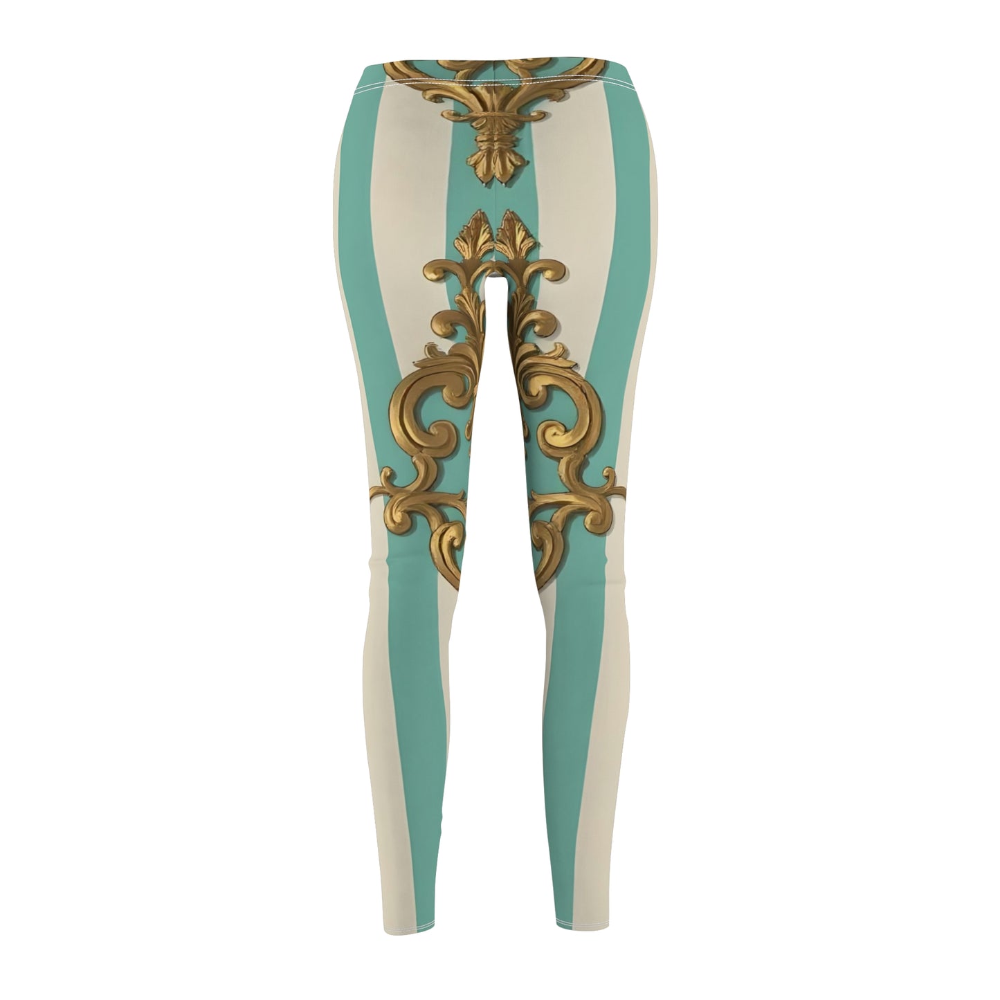 Elegant Boho Style Women's Leggings, Casual Activewear, Artful Printed Yoga Pants - Matte Green Striped Rococo