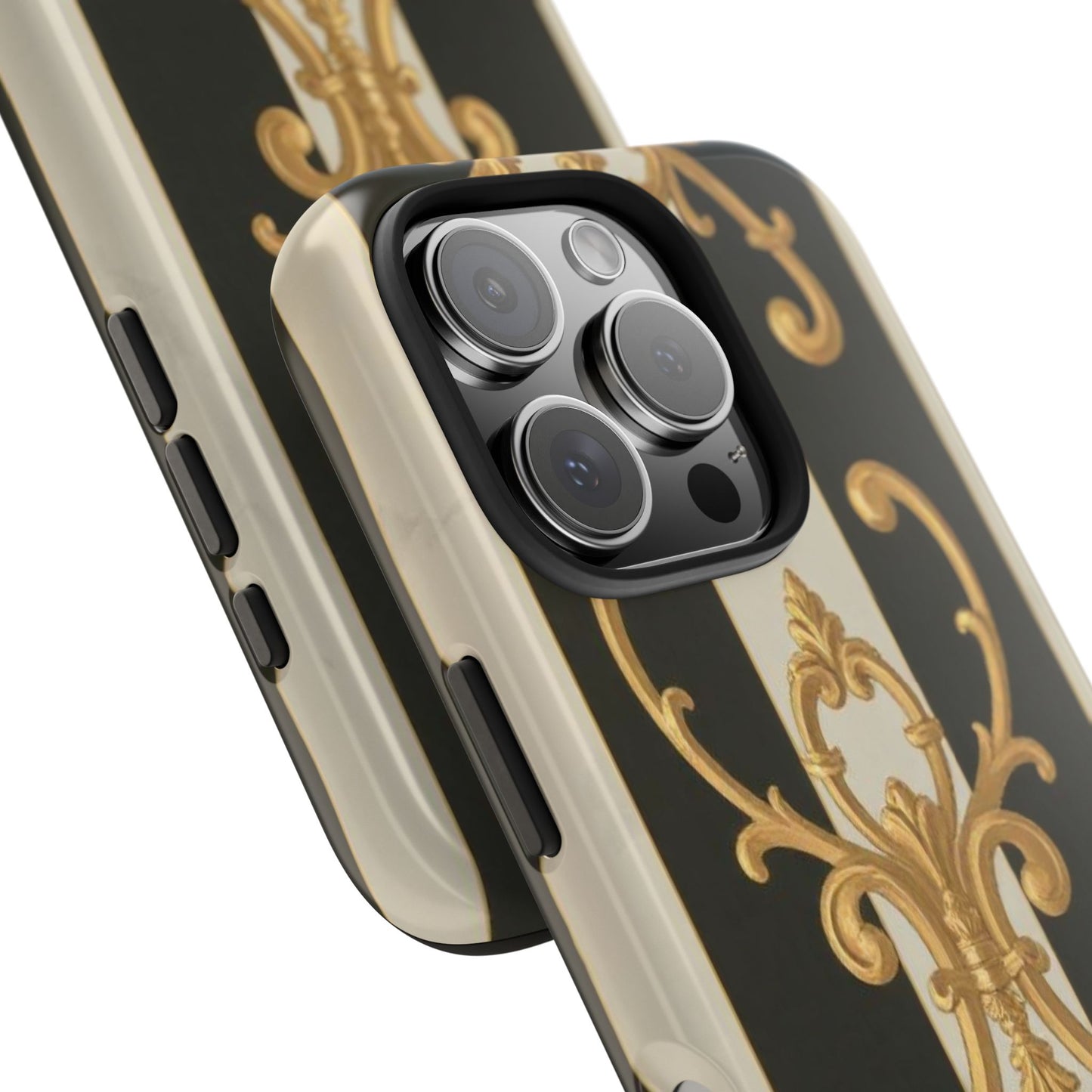 Elegant Black & Alabaster Striped Baroque Tough Phone Cases - Chic Protection, Black Gold Decor, Stylish Accessory, Gift for Her, Trendy Tech