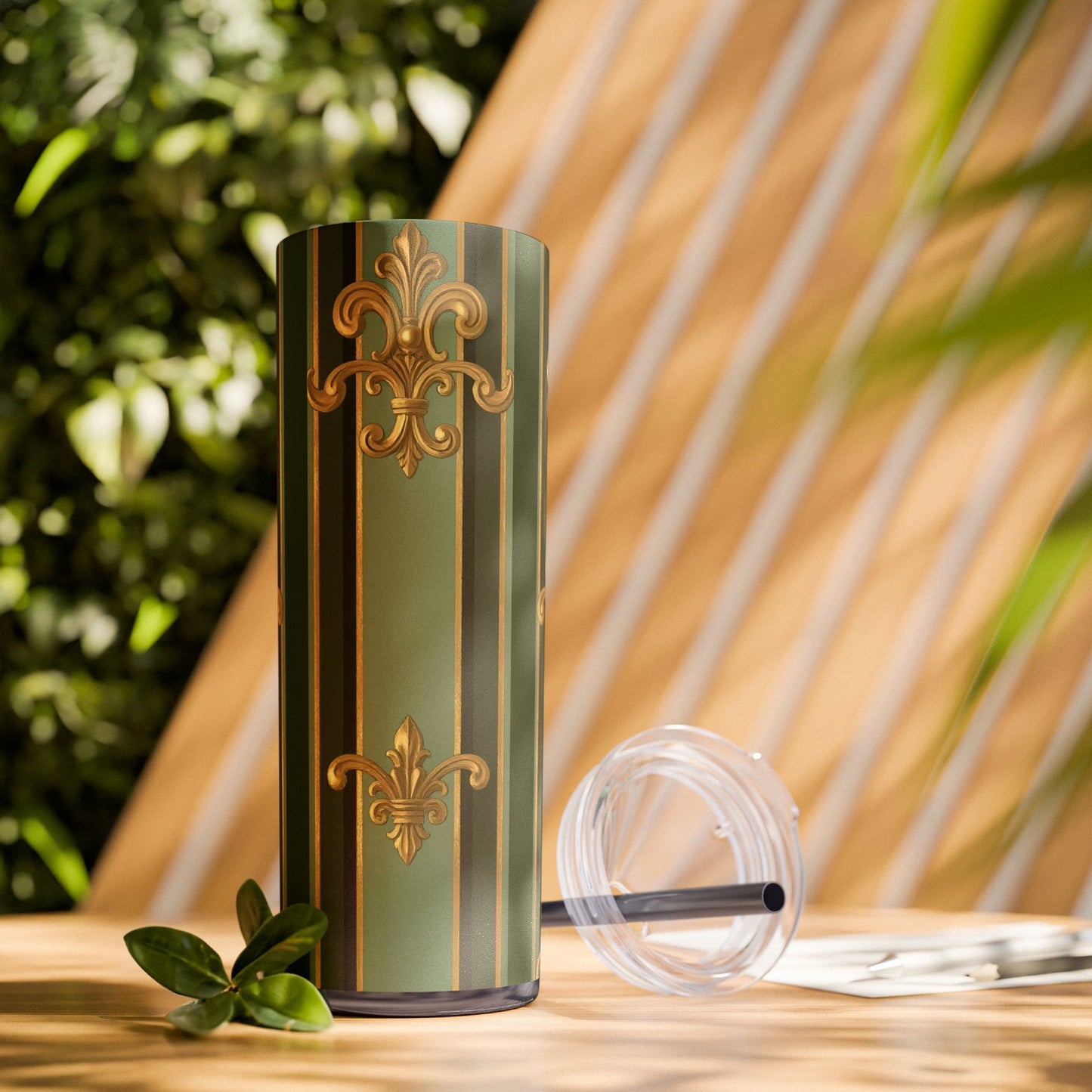 Elegant Green Striped Skinny Tumbler, 20oz Travel Mug, Reusable Cup, Perfect for Gifts, Parties, Home Decor - Green Striped Gold Baroque