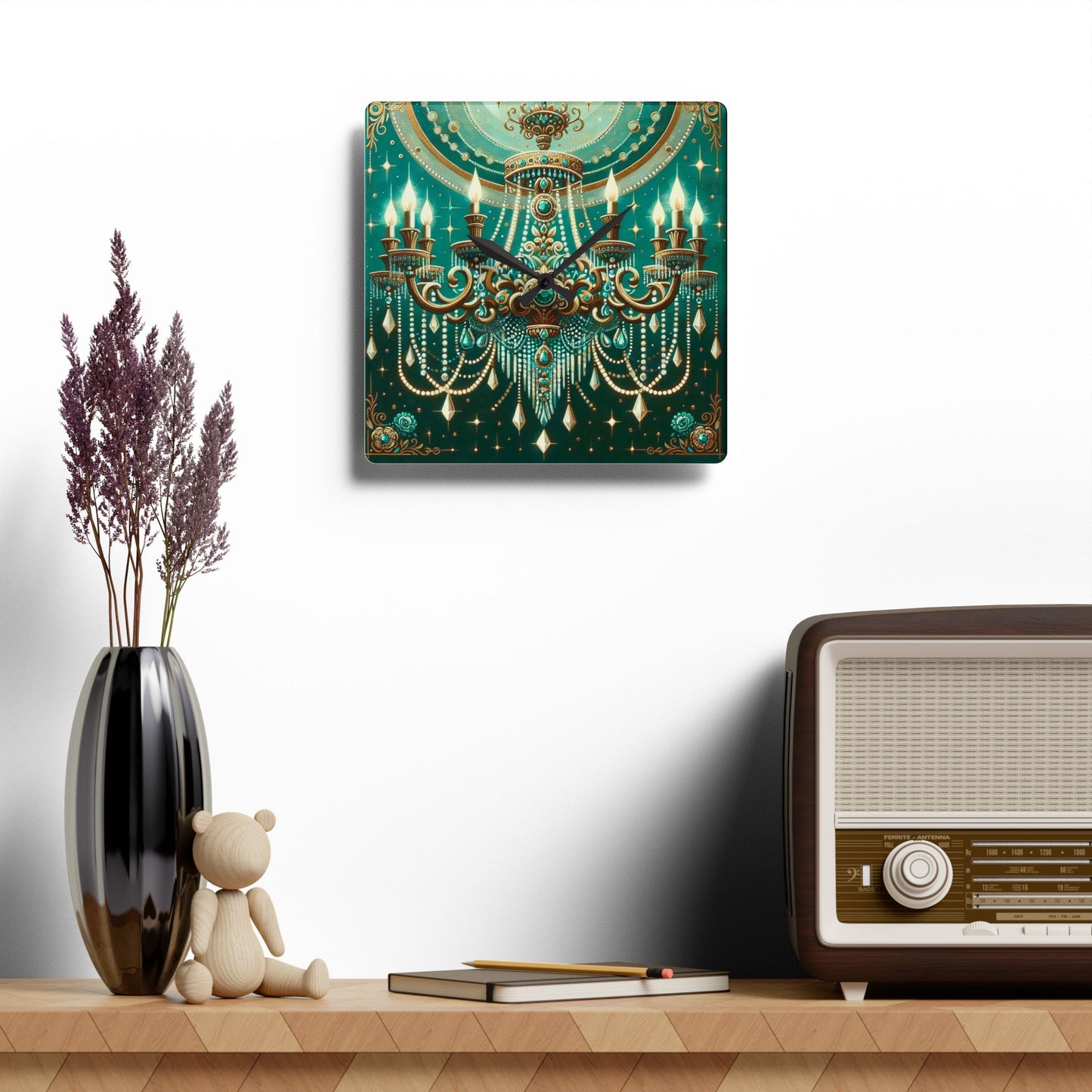 Chic Chandelier Acrylic Wall Clock, Elegant Home Decor, Modern Timepiece, Unique Gift, Wall Art - Green & Gold Jeweled Chandelier
