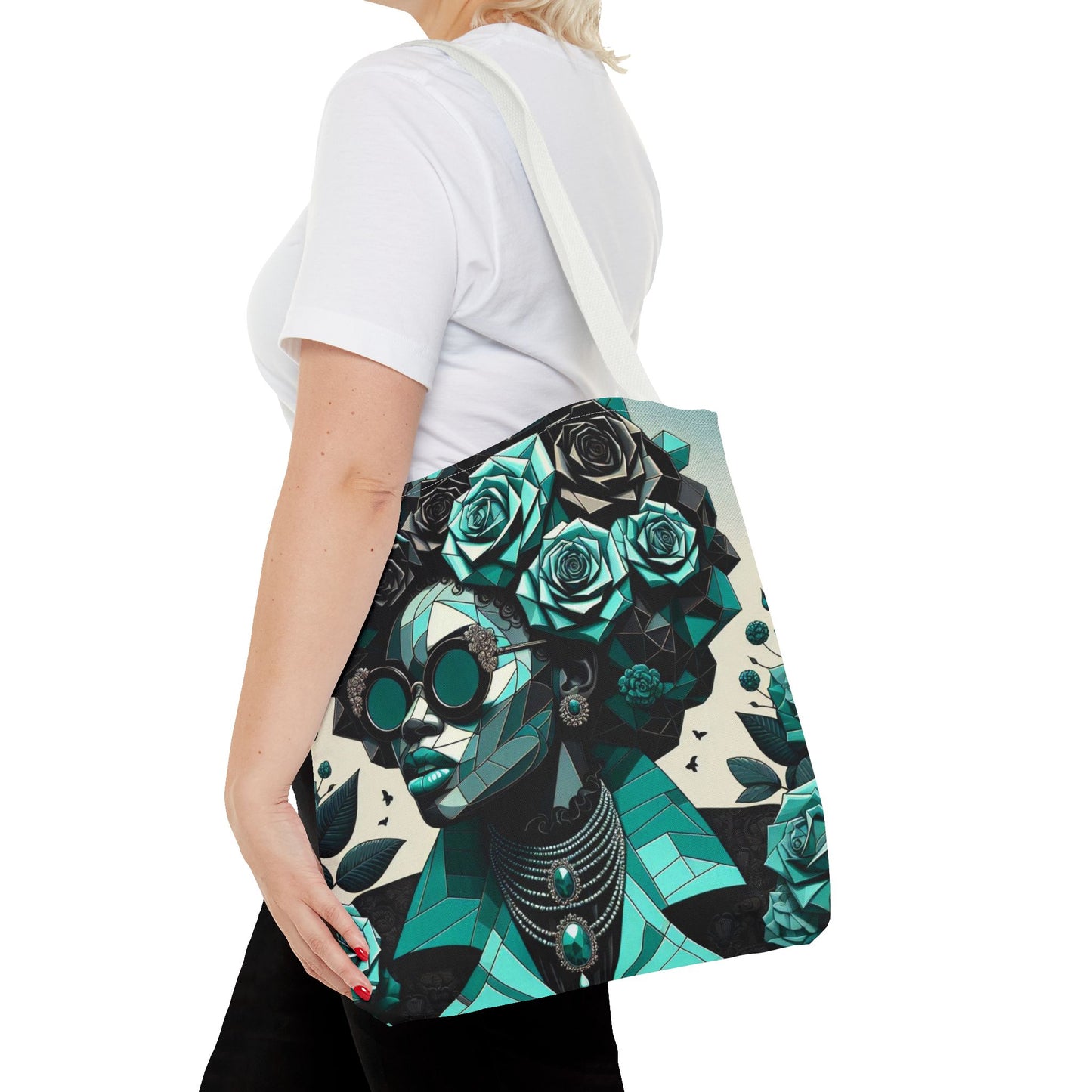 Chic Floral Tote Bag - Stylish Eco-Friendly Handbag for Everyday Use, Perfect for Gifts, Shopping, Beach, Art Lovers - Turquoise & Black Roses Lady