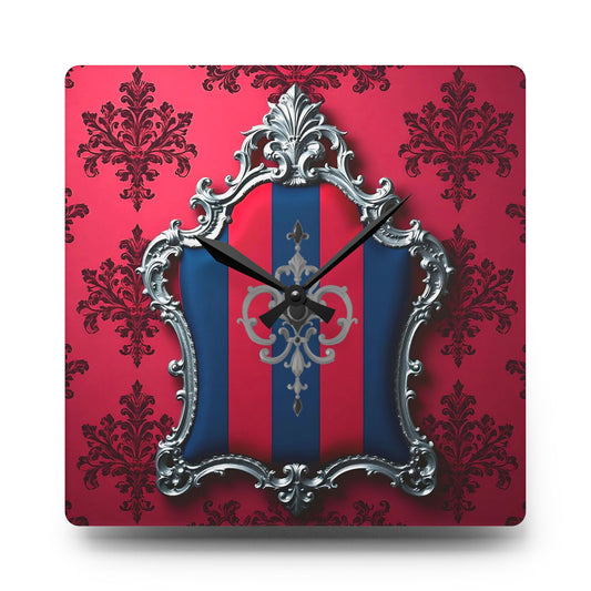 Elegant Vintage Acrylic Wall Clock, Home Decor, Wall Art, Timeless Gift, Antique Style, Unique Timepiece - Blue & Red Striped Silver Crest