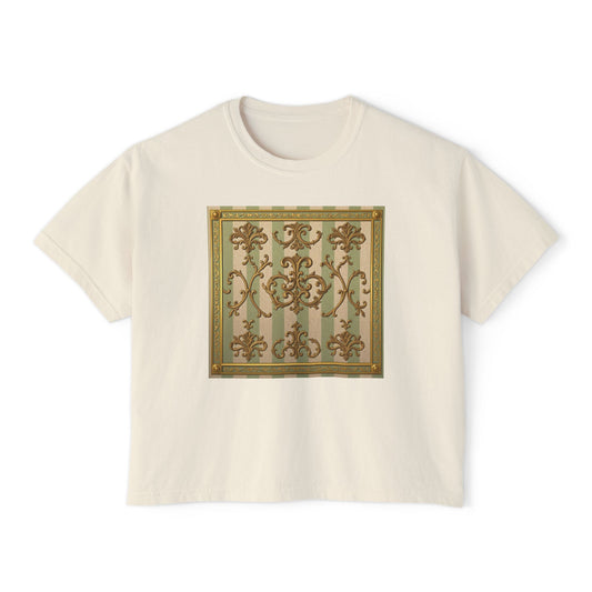 Vintage Floral Women's Boxy Tee, Casual Tee for Everyday, Gift for Her, Trendy Women’s Top - Mint & Beige Striped Gold Baroque