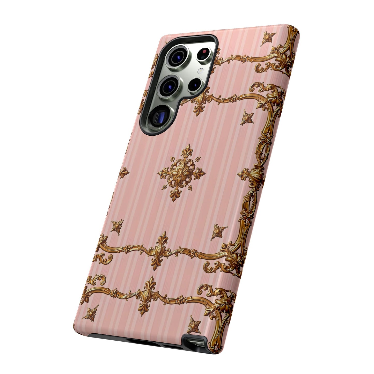 Elegant Floral Phone Case, Tough Cases for Women, Trendy Phone Cover, Chic Gift - Pink Striped Gold Baroque
